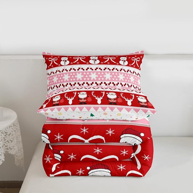 Feelyou Merry Christmas Tree Kids Comforter Set Queen Size Cute Snowman Bedding Set Santa Claus Duvet Quilt for Kids Boys Girls Bedroom Cartoon Bowknot Decor Microfiber Ultra Soft Breathable