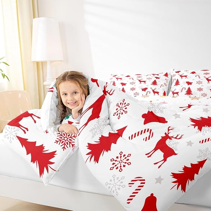 Feelyou Merry Christmas Bedding Set Soft for Boys Girls, Xmas Tree Reindeer Comforter Set Queen Size Candy Cane Bell Duvet Quilt Microfiber Snowflake Bedroom Decor 3 Pcs with 2 Pillow Cases