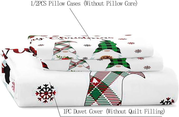LUVIVIHOME 3PCS Christmas Gnome Duvet Cover Full, Christmas Bedding, White Duvet Cover, Holiday New Year Santa Claus Snowflake Black Red Checkered Buffalo Plaid Comforter Quilt Cover, 2 Pillow Cases