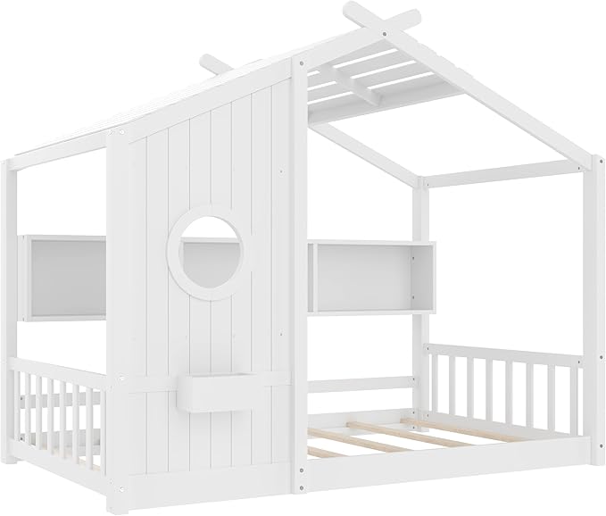 Linique Twin Size Floor Bed Playhouse Design with Storage Shelf, Low Profile Wooden Pitched Roof House Platform Bed Frame,No Box Spring Needed(White)