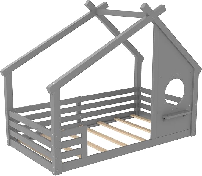 Polibi Twin Size House Floor Bed with Window and a Small Shelf, Solid Wood Low Profile Floor Bed for Kids, No Box Spring Needed, Grey