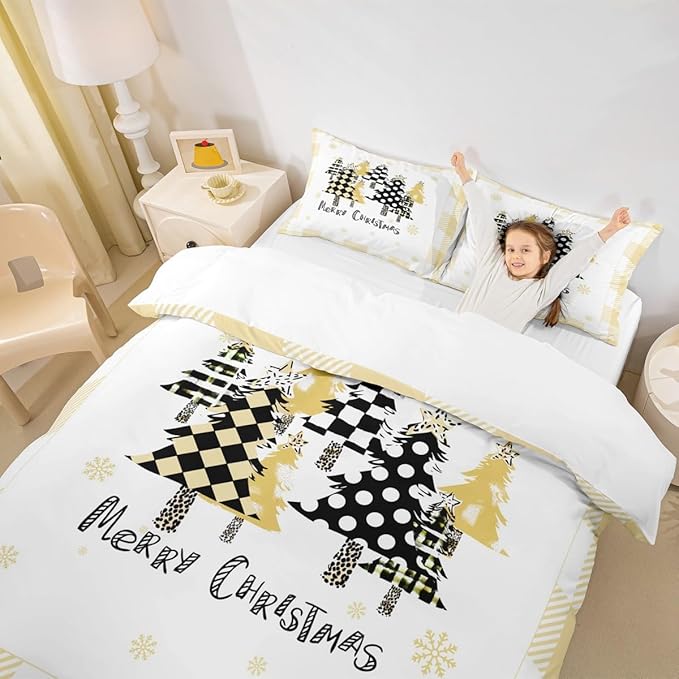 Manfei Xmas Tree Duvet Cover Set Twin Size, Yellow Plaid Grid Snowflake Comforter Cover with 1 Pillowcase, Christmas Theme Bedding Set for Kids Girls Room Decor New Year Bedspread Cover, No Comforter