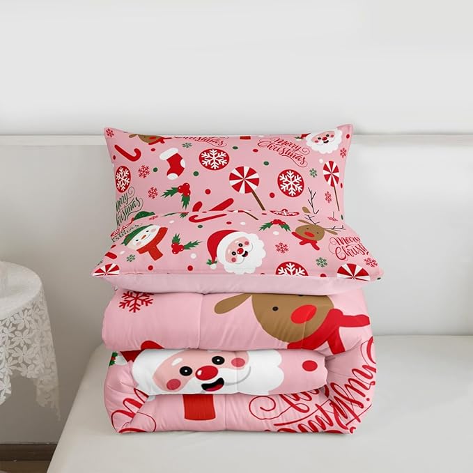 Feelyou Merry Christmas Kids Comforter Set King Size Santa Claus Snowman Bedding Set Deer Berries Duvet Quilt for Kids Boys Girls Bedroom Snowflake Decor Microfiber Ultra Soft Breathable
