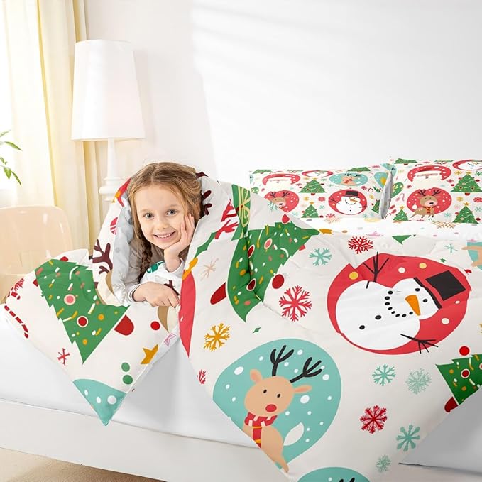 Feelyou Christmas Bedding Set Soft for Boys Girls, Santa Snowman Comforter Set Full Size Deer Xmas Tree Duvet Quilt Microfiber Snowflake Bedroom Decor 3 Pcs with 2 Pillow Cases