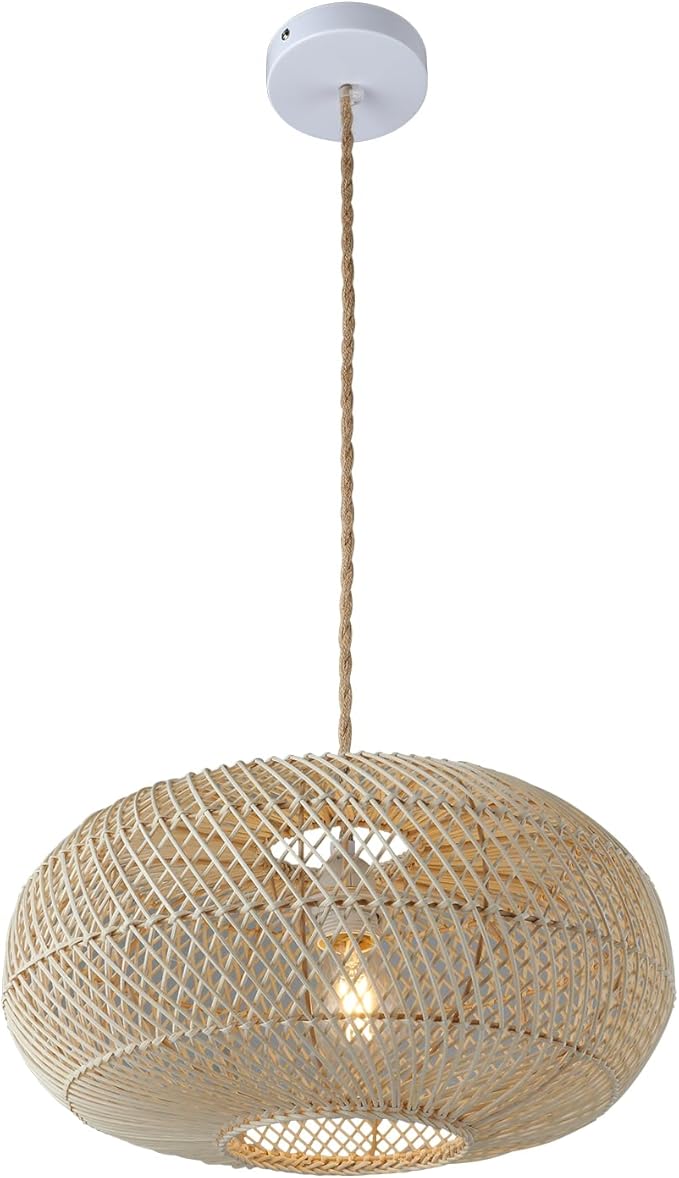 Rattan Pendant Light 16" 1-Light Hand-Woven Rattan Hanging Light，Wicker Woven Basket Chandelier，Modern Bohemian Pendant Lamp for Kitchen Island Foyer Farmhouse Porch