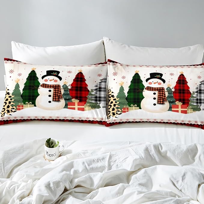 Manfei Snowman Duvet Cover Set Twin Size, Xmas Leopard Plaid Trees Snowflake Comforter Cover with 1 Pillowcase, Christmas Theme Bedding Set 2pcs for Kids Girl New Year Bedspread Cover,No Comforter