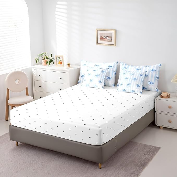 7 Pieces Blue Bowknot Kids Comforter Full Size,Geometric Stripes Bow Tie Patchwork Dreamy Girls Bedding Set,Butterfly Knot Princess Cute（Comforter+Fitted+Flat+2 Pillowcases+2 Throw Pillow Covers）