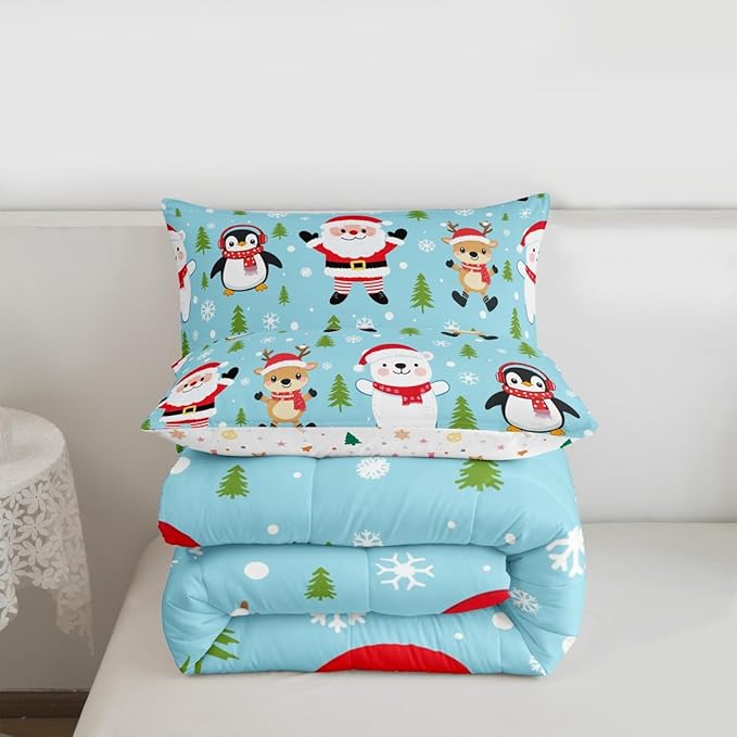 Feelyou Christmas Comforter Set King Size Santa Claus Bedding Set for Kids Boys Girls Penguin Deer Duvet Quilt Xmas Snowflake Tree Bedroom Decor Microfiber 3 Pcs with 2 Pillow Cases