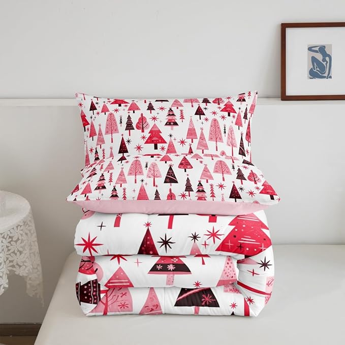 Manfei Pink Xmas Trees Comforter Set King Size, Christmas Theme Bedding Set 3pcs for Kids Boys Girls Adults Room Decor, Happy New Year Down Comforter Soft Polyester Quilt Set with 2 Pillowcases