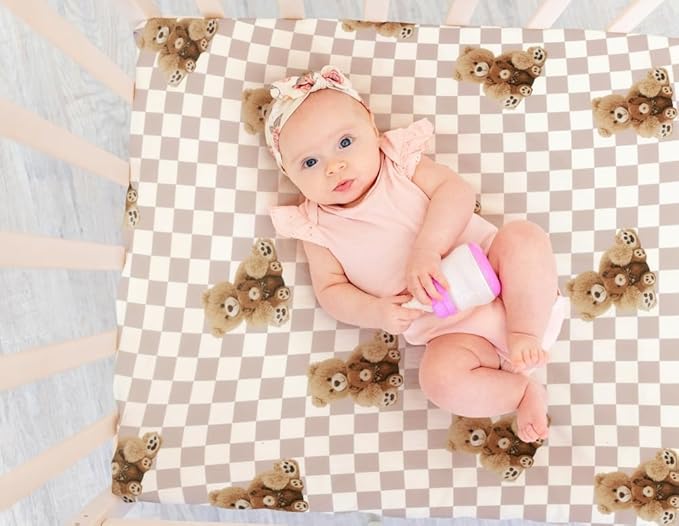 Fitted Baby Neutral Pack N Play Sheets Mini Crib Sheets Bear and Buffalo Check Plaid Breathable Unisex Baby Sheet Set for Boys or Girls