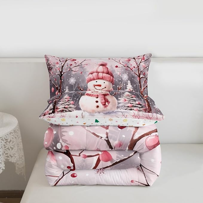 Feelyou Cute Snowman Comforter Set All Season Christmas Tree Bedding Set with 2 Pillow Cases Xmas Snowflake Microfiber Kids King Bedclothes Pink Scarf Bedroom Decor Pink Winter Scene Duvet Quilt