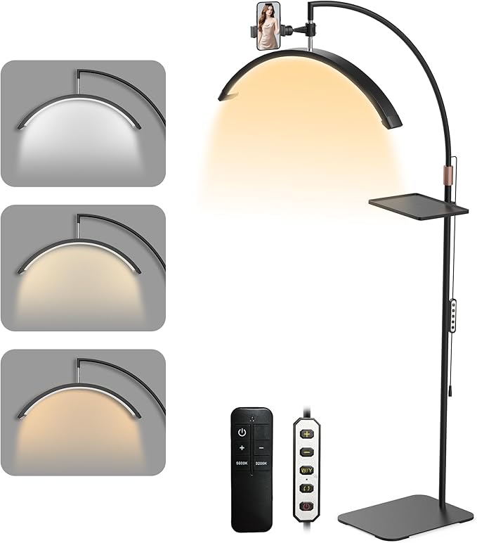 Lash Light 23 inch Floor Lamp for Eyelash Extensions Standing LED Half Moon Lights for Nail Art, Tattoos, Skincare with Adjustable Brightness & Height & Movable Tray & Phone Holder.
