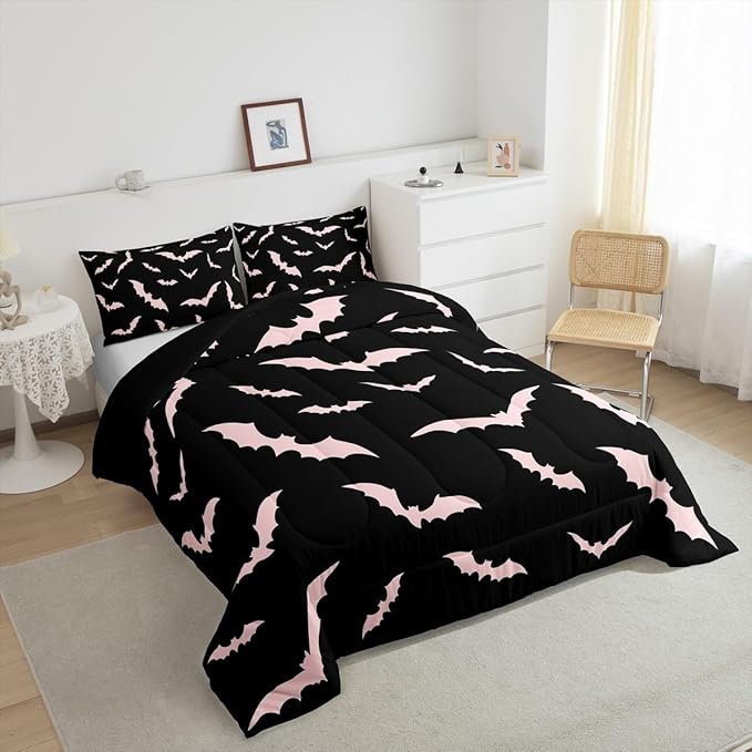 Erosebridal Bat Comforter Set Halloween Pink Bats Bedding Set with 2 Pillow Cases Silhouette Gothic Quilt King Size for Kids Boys Youth Gothic Spooky Bedding Comforter Sets,Black
