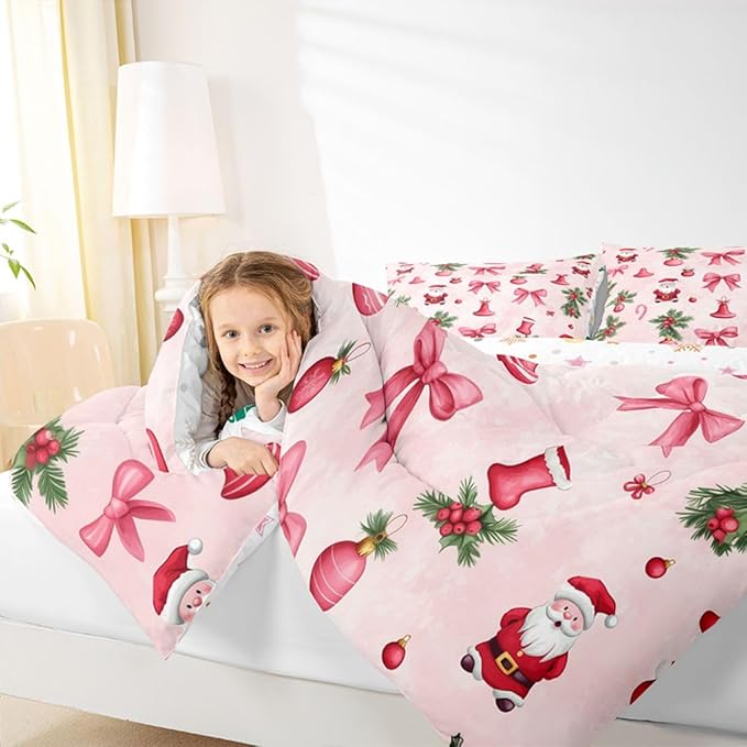 Feelyou Santa Claus Bedding Set Soft for Boys Girls, Pink Bow Comforter Set Queen Size Christmas Ornament Duvet Quilt Microfiber Candy Cane Bedroom Decor Holly Berry 3 Pcs with 2 Pillow Cases