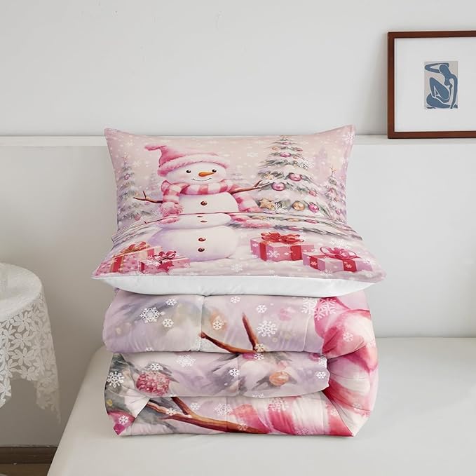 Xmas Tree Gift 3 Pcs Comforter/Duvet Set,Merry Christmas Ultra Soft Bed Collection,Pink Christmas Snowman Bedding for Room Decor 3 Pcs,Microfiber Breathable,King