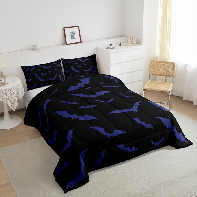 Erosebridal Bat Comforter Set Toddler Size for Kids Boys Youth Halloween Decor Bedding Set Purple Bats Quilt Gothic Spooky Cartoon Down Comforter with 1 Pillow Case,Black