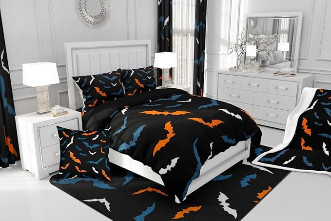 Erosebridal Bat Bedding Set for Kids Adults Boys Girls Happy Halloween Comforter Set Queen Size Gothic Spooky Quilt Orange Bats Duvet Insert with 2 Pillow Cases