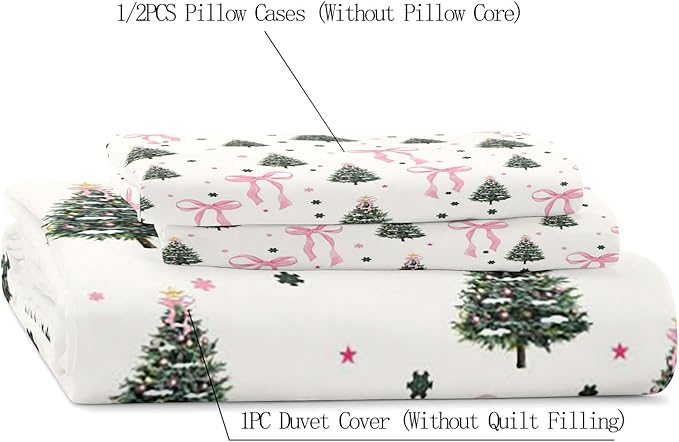 LUVIVIHOME 2PCS Pink Bow Christmas Tree Duvet Cover Twin Bedding Sets, White Duvet Cover, Teen Girls Bedding, Winter Holiday Christmas Comforter Cover, Coquette Room Decor Aesthetic, 1 Pillow Sham