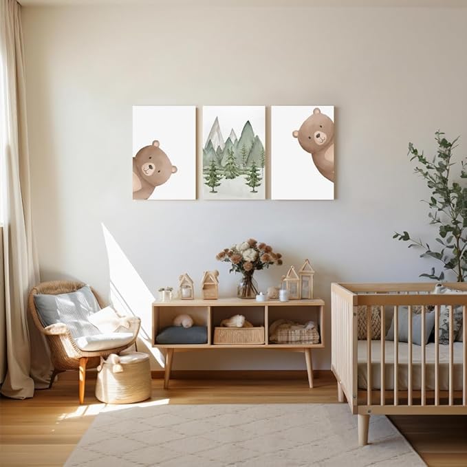 Peeking Bear Nursery Wall Decor, Woodland Nursery Nature Print, Neutral Baby Animals Wall Art for Kid Bedroom, Forest Mountain Wall Art for Baby Boy Girl Bedroom, Framed Canvas, 16"x24"x3