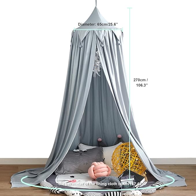 Bed Canopy for Girls, Round Dome Hanging Canopy for Baby Brib Kids Bed Room Decor Reading Nook Indoor Outdoor Playing Castle (Grey Blue)