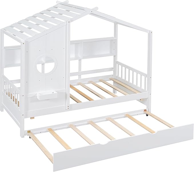 Bellemave Twin Size House Bed with Trundle for Kids,Twin Kids Bed Frame with Storage Shelves,Solid Wood House Bed Frame for Girls,Boys,Can be Decorated,White