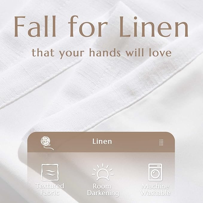 jinchan White Lined Linen Blend Curtain for Living Room 90 Inch Length 2 Panels Curtains for Sliding Glass Doors, 50 Inch Wide Farmhouse Drapes with Rod Pocket Back Tab(50W x 90L, White)