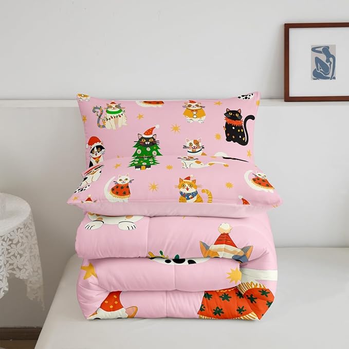 Erosebridal Christmas Decor Quilts Cute Cats Comforter Set King Size for Kids Boys Girls Bedroom Xmas Tree Bedding Set Cartoon Animal Down Comforter with 2 Pillow Cases