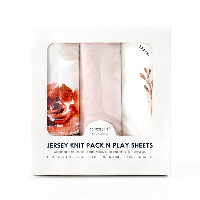 Pack n Play Sheets Fitted 3 Pack, Stretchy Ultra Soft Jersey Knit Pack and Play Sheets, Universal Fitted Portable/Mini Crib Mattresses Snug and Safe, Pretty Watercolor Rose Flora for Baby Girls