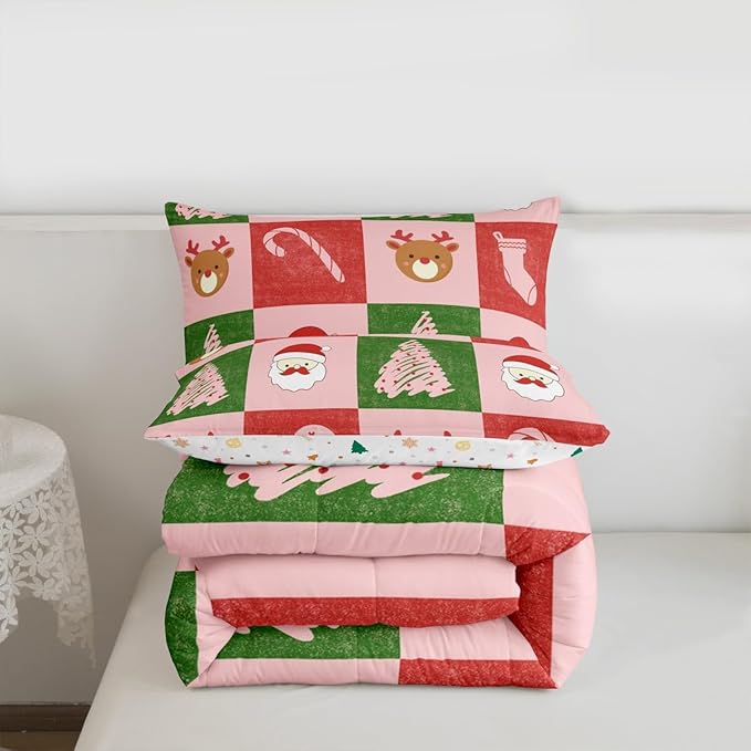 Feelyou Merry Christmas Bedding Set Soft for Boys Girls, Xmas Tree Santa Claus Comforter Set Full Size Candy Cane Deer Duvet Quilt Microfiber Patchwork Bedroom Decor 3 Pcs with 2 Pillow Cases