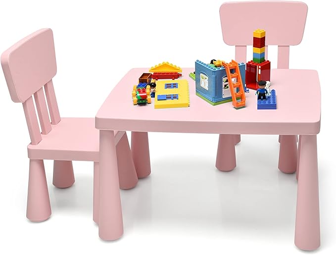 HONEY JOY Kids Table and Chair Set, Plastic Children Activity Table and 2 Chairs for Art Craft, Easy-Clean Tabletop, 3-Piece Toddler Furniture Set for Daycare Playroom, Gift for Boys Girls(Pink)