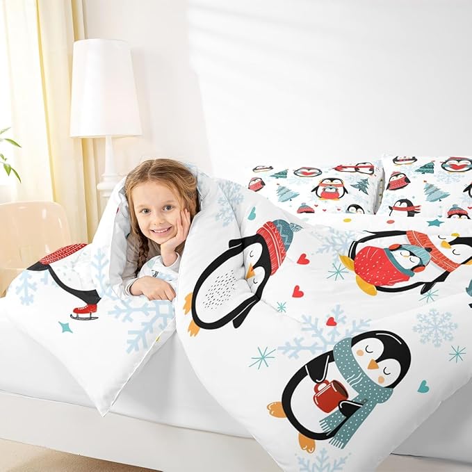 Christmas Tree 3 Pcs Queen Size Comforter Set,Winter Snowflake Happy Xmas Theme Down Alternative Adults Room Decor,Cartoon Penguin Ultra Soft Microfiber Inner Fill 3Pcs Bedding