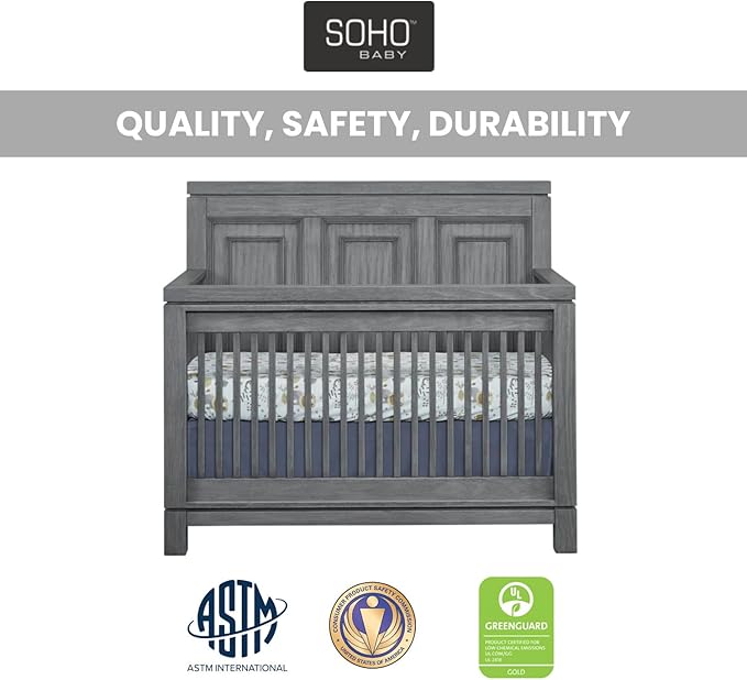 Soho Baby Manchester Premium 4-in-1 Convertible Crib, Flat-Top Headboard, Rustic Gray, GreenGuard Gold Certified