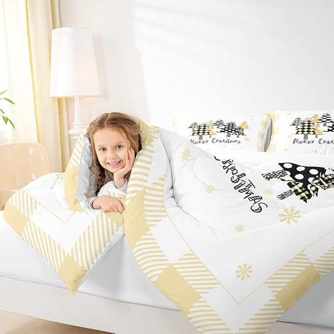 Manfei Xmas Tree Comforter Set Full Size, Yellow Plaid Grid Snowflake Down Comforter with 2 Pillowcases, Christmas Theme Bedding Set 3pcs for Kids Girls Adults Room Decor New Year Duvet Insert