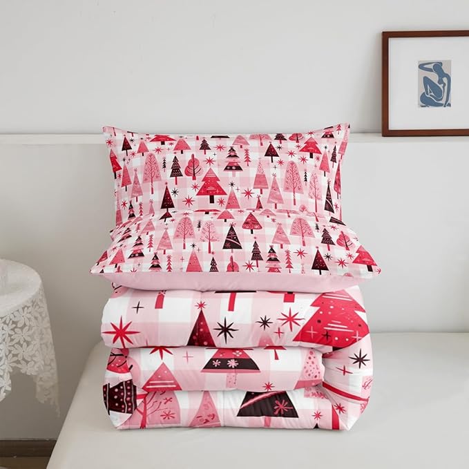 Manfei Cartoon Tree Comforter Set Full Size, Christmas Theme Bedding Set 3pcs for Kids Girls Adults Bedroom Decor, New Year Pink Plaid Down Comforter Soft Polyester Quilt Set with 2 Pillowcases