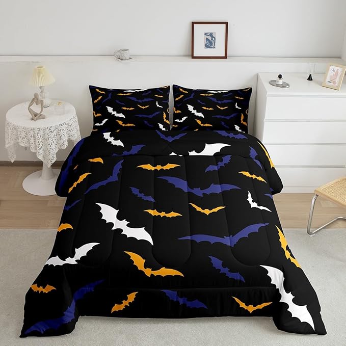 Erosebridal Bat Comforter Set Toddler Size for Kids Boys Happy Halloween Decor Quilt with 1 Pillow Case Bats Animal Silhouette Bedding Set Gothic Spooky White Duvet Insert,Orange