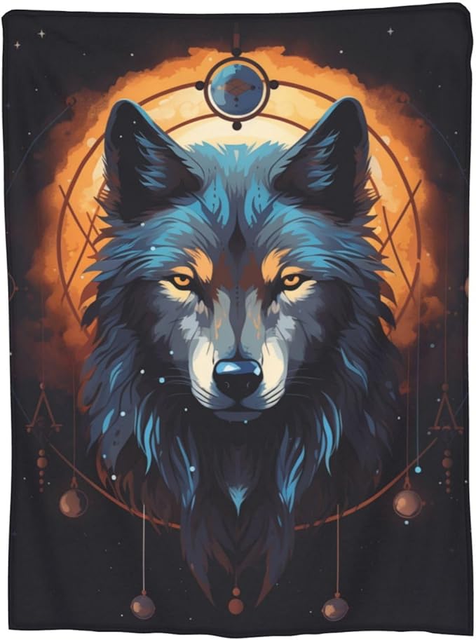 Cartoon Wolf Dream Catcher Blanket Gifts Moon Wolves Flannel Throw Blankets for Home Decor Couch Bed Sofa Soft Fuzzy Lightweight for All Season 80x60 Inches