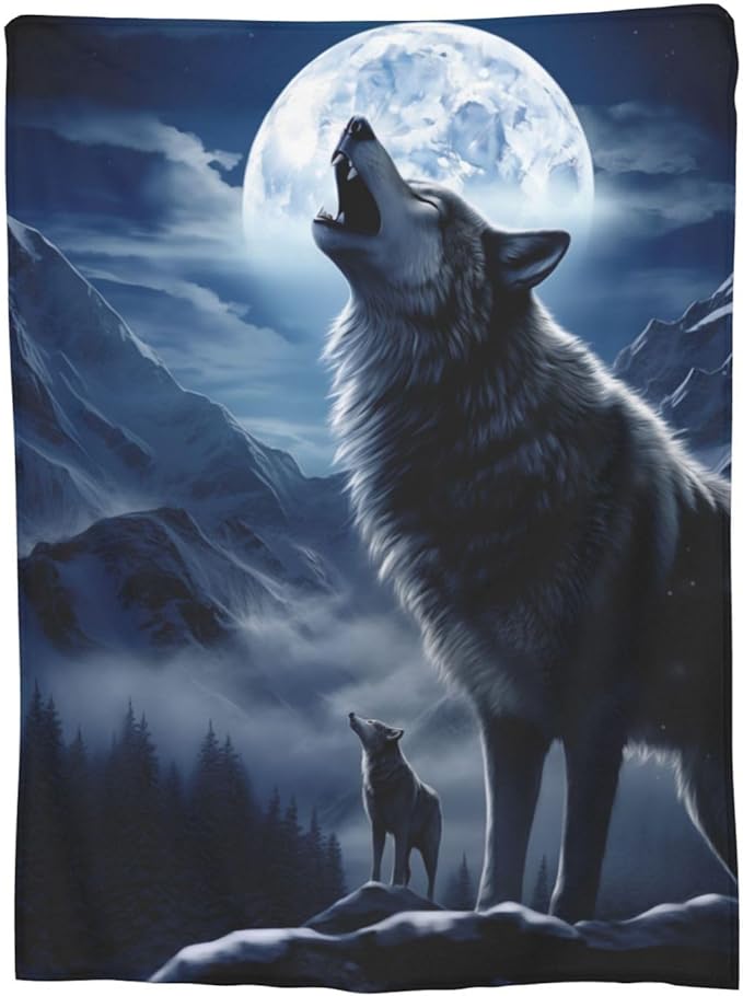 Snowy Mountain Wolf Blanket Gifts Moonlit Night Wolves Flannel Throw Blankets for Home Decor Couch Bed Sofa Soft Fuzzy Lightweight for All Season 80x60 Inches