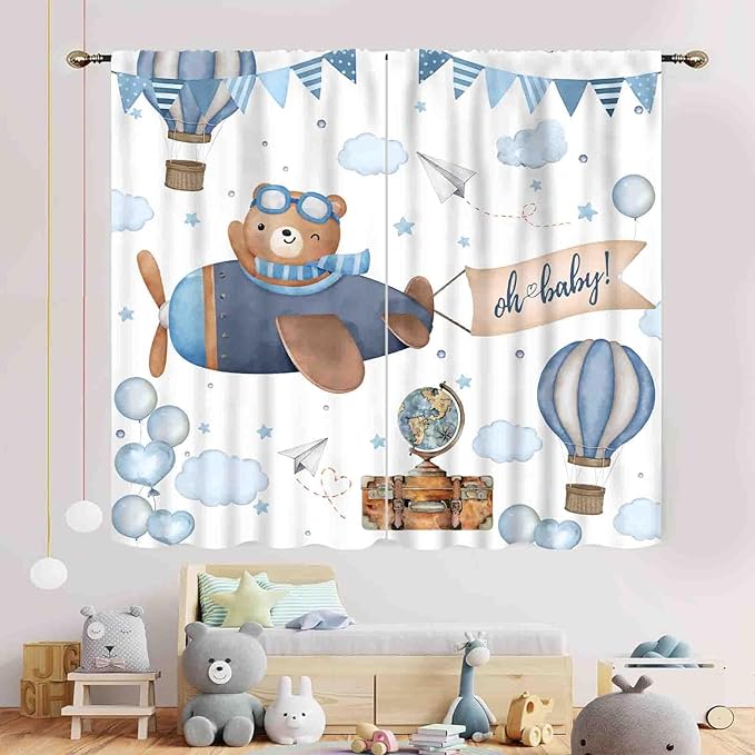 Cartoon Bear Curtains, Kids Boys Girls Cute Lovely Bear Adventure Airplane Cloud Pastel Blue Window Drapery Treatments for Baby Living Room Bedroom Nursey Toddler Classroom 2 Panels, 55"x63" Inch