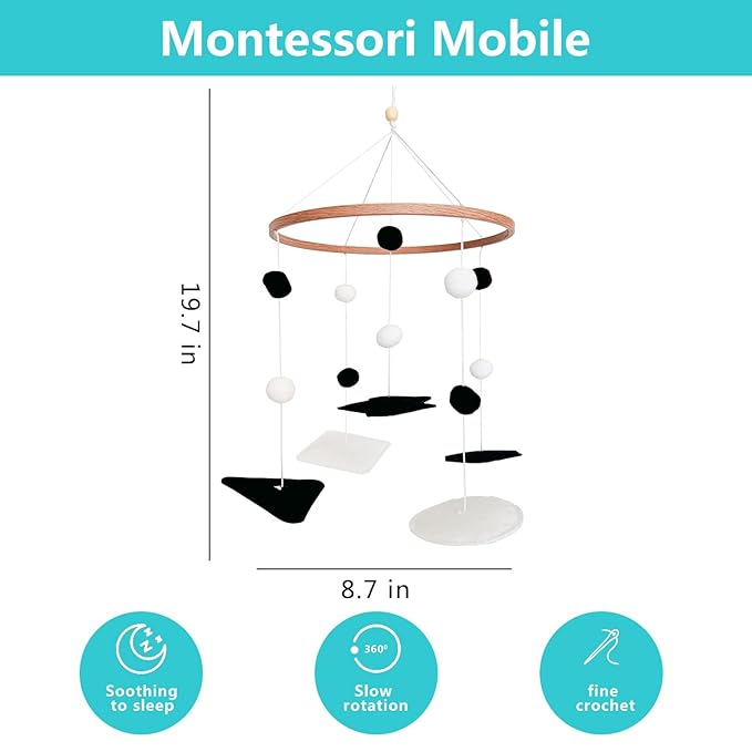 Montessori Mobile for Crib, Black and White Mobile for Baby, Neutral Baby Crib Mobile for Boys Girls, Nursery Mobiles Nursery Decor for Pack N Play, Safari