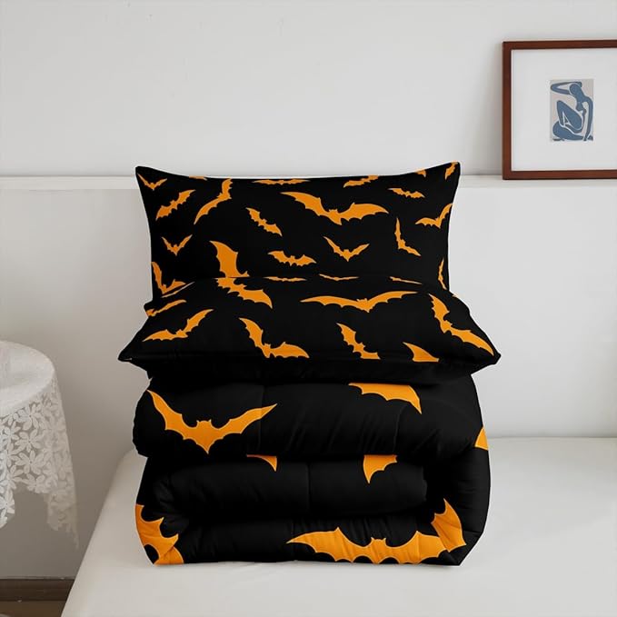 Erosebridal Bat Quilt Happy Halloween Decor Comforter Set King Size for Kids Boys Youth Gothic Spooky Bedding Set Orange Bats Silhouette Duvet Insert with 2 Pillow Cases