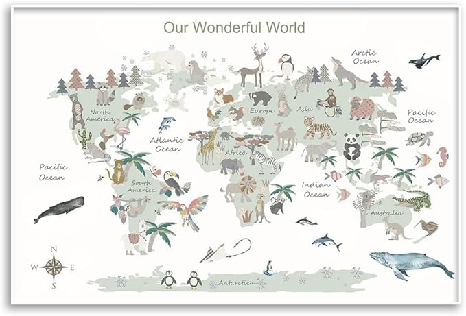 Educational Posters for Toddlers 1-3, Toddler Learning Poster for Kids Ages 3-5, World Map Canvas Print Nursery Preschool Homeschool Kindergarten Classroom Decor 16x24 Inch Unframed C