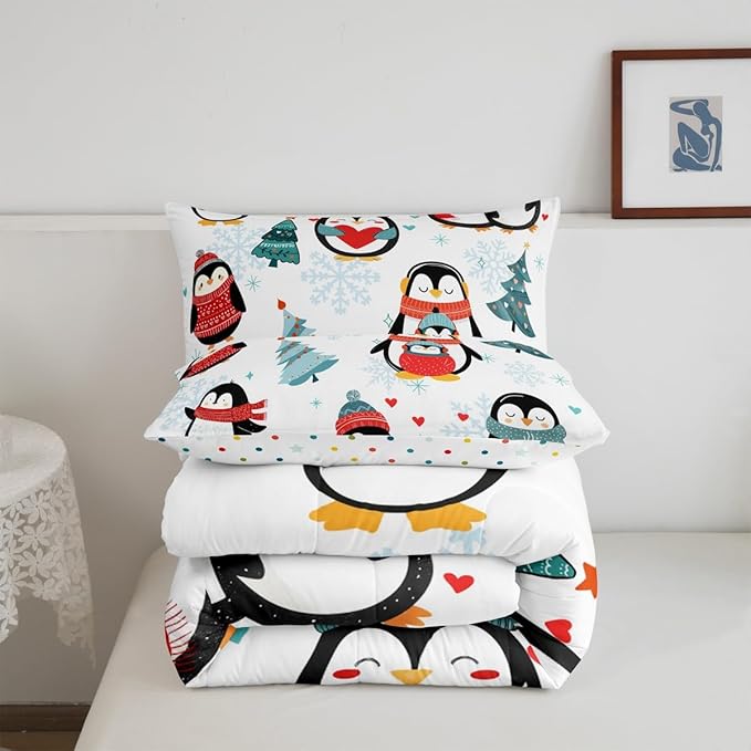 Christmas Tree 3 Pcs Queen Size Comforter Set,Winter Snowflake Happy Xmas Theme Down Alternative Adults Room Decor,Cartoon Penguin Ultra Soft Microfiber Inner Fill 3Pcs Bedding