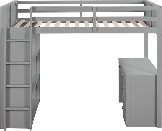 CITYLIGHT Twin Loft Bed with Desk and Shelves,Wooden Twin Size Loft Bed with Desk and Storage Drawers, Space Saving Loft Bed Twin for Kids Girls Boys (Twin,Grey)