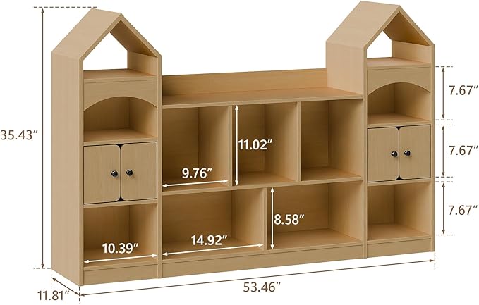 Vabches Castle Shape Children's Bookshelf, Kids Bookcase Display Case Kids Toy Storage Organizer Multifunctional Storage Cabinet Bookshelf Suitable for Playroom, Children's Room, Living Room, Oak