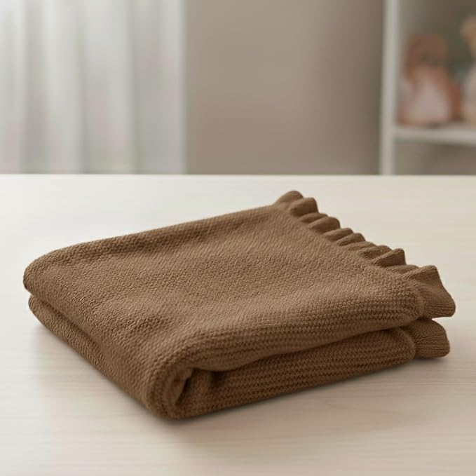 Cotton Baby Blanket with Ruffle Edge Soft Breathable Newborn Blanket for Boys & Girls, Lightweight Knit Throw for Crib, Stroller & Nursery Multiple Colors Available Mocha 30x40
