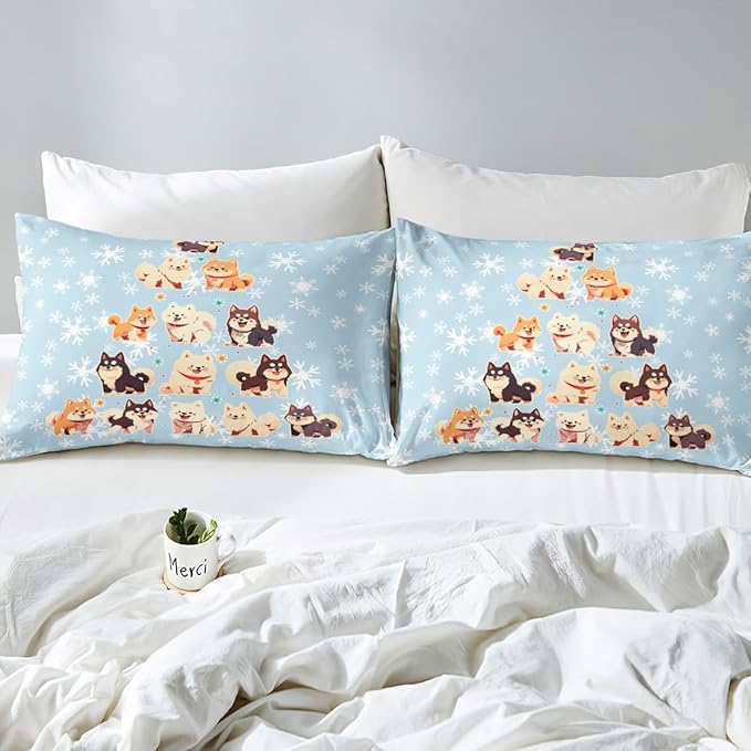 Manfei Xmas Tree Duvet Cover Set Twin Size, Cute Christmas Dogs Print Comforter Cover with 1 Pillowcase, New Year White Snowflake Print Bedding Set 2pcs for Kids Boys Girls Bedroom Decor,No Comforter
