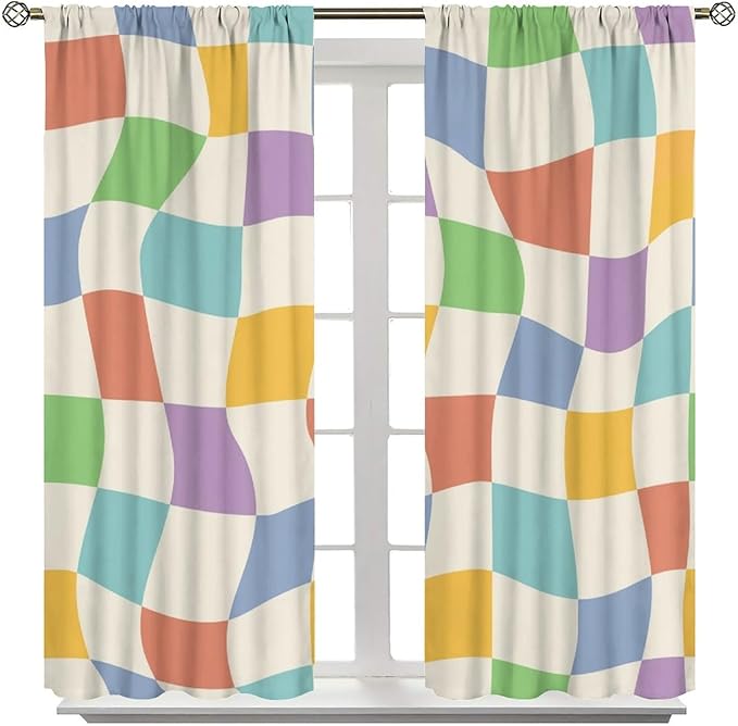 Checkered Curtains,70s Vintage Twisted Checkered Window Drapes Colorful Groovy Trendy Wavy Hippie Grid Print Window Treatments for Kids Girls Bedroom Living Room Bathroom 72" W X 63" L