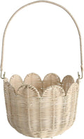 Scalloped Edge Round Basket with Handle, Super Sturdy Wicker Storage Baskets, Hand Woven Basket for Shelves,Natural Baskets for Organizing (White Rattan, 10.2"*10.2"*7.3")