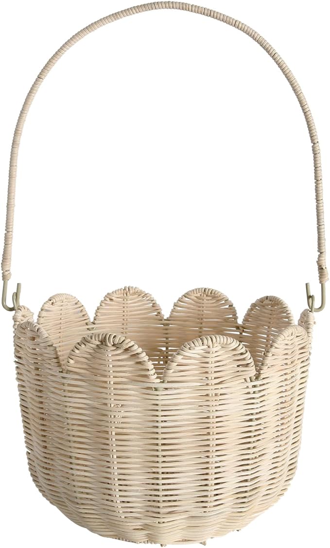 Scalloped Edge Round Basket with Handle, Super Sturdy Wicker Storage Baskets, Hand Woven Basket for Shelves,Natural Baskets for Organizing (White Rattan, 10.2"*10.2"*7.3")