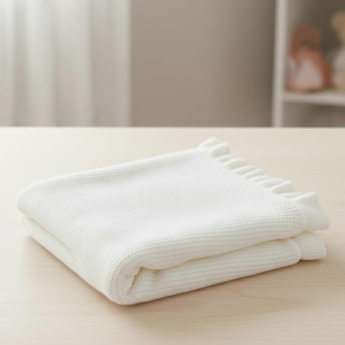 Cotton Baby Blanket with Ruffle Edge Soft Breathable Newborn Blanket for Boys & Girls, Lightweight Knit Throw for Crib, Stroller & Nursery Multiple Colors Available White 30x30